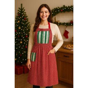 Vintage 90s Homemade Christmas Cotton Apron Red Polka Dot Holiday Baking Kitchen